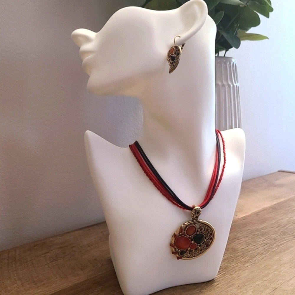 Vintage SET Multi-Strand Necklace ~ Brass-Tone Pendant with Matching Earrings
